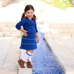 Girl teen top skirt fall autumn winter ribbed cotton outfit family matching clothes girls clothing grunge blue long sleeve 231220