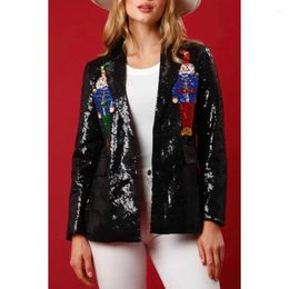 Women's Suits Christmas Cartoon Figure Sequin Casual Blazer Women Fall Winter Long Sleeve Suit Coat Fashion Loose Shiny Glitter Jacket