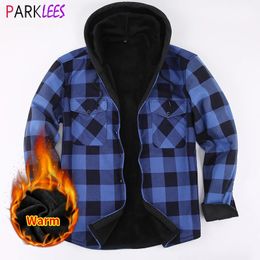 Mens Winter Fleece Linen Hooded Plaid Jacket Shirt 2023 Long Sleeve Flannel Contrast Casual Warm Checkered Hood Male 231221