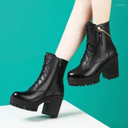 Boots 10cm Big Size 32-43 Winter Genuine Leather Women Platform Shoes With Fur 2023 Block High Heels Ankle Office Model