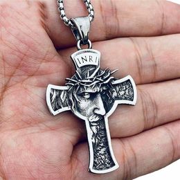 Pendant Necklaces Christ Jesus Crucifix Necklace Stainless Steel Christian Thorns Crown For Men Women Religious Jewelry313P