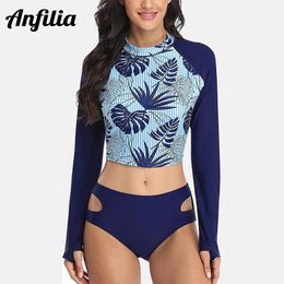 Wear Anfilia Women's Rash Guard Two Piece Swimsuits Floral Long Sleeve Swim Shirts UPF 50+ Solid Bikini Bottom