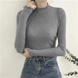 Women's Sweaters Korean Long Sleeve White Knit Sweater Fashion Slim Edible Tree Bottom Pullover Casual Soft Half High Collar Tops