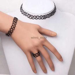 Jewellery Boxes 2PC/Lot Summer Style Girls Elastic Vintage Stretch Tattoo Choker Necklace Women Gothic Punk Stretchy Bracelet Ring Jewellery SetL231220