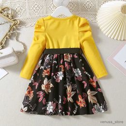 Girl's Dresses Kid Floral Print Long Sleeve Dress for Girls Autumn New Toddler Casual Patched A-line Princess Dress Belt Children Clothing