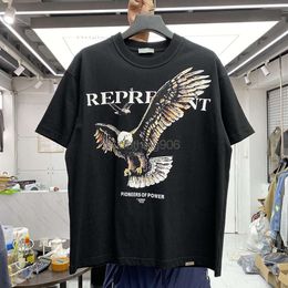 2024SS Vintage Grey Tee Men Women High Quality Flying Print T-shirt Wash Tops Short Sleeve