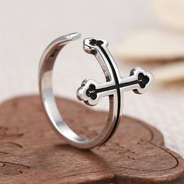 Vintage Mens Adjustable Rings Silver Plated Black Crystal Open Cross Ring Band Gothic Biker Knight Punk Jewellery R064318C