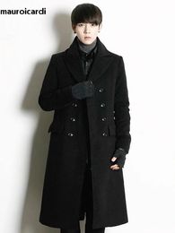 Mauroicardi Autumn Winter Long Warm Black Grey Woolen Coat Men Double Breasted Luxury Elegant Korean Style Wool Blends Overcoat 231221