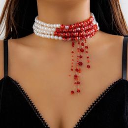 Choker Gothic Multi-layer Blood Imitation Pearl Chain Necklace Women's Fashion Crystal Bead Tassel Trendy Cosplay Jewellery