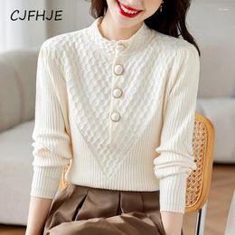 Women's Sweaters CJFHJE Elegant Warm Stretch Apricot Sweater Women Autumn Turtleneck Long Sleeve Button Up Knitted Top Plain Pullovers