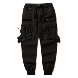 Hip Hop Harem Joggers Men Cargo Zipper Pocket Streetwear Haruku Ribbon Letter Black Pants Trousers Punk Sportswear