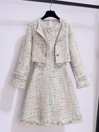 Fall Winter French Vintage Fragrance Tweed Two Piece Set Women Outfit Office Ladies Elegant Coats sleeveless Dresses Sets 2023 231221