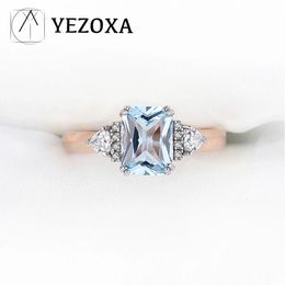 YEZOXA 1ct Genuine Sky Blue Topaz 925 Sterling Silver 14K Rose Gold Plating 3 Stone Ring For Women Size 5 6 7 8 9 231221