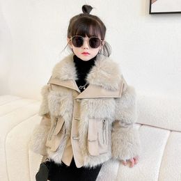 Fashion Lamb Wool Coats Girls Jackets Lapel Faux Fur Clothes 2023 Autumn Winter Thick Warm Plush Childrens Coat CH205 231221