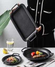 Dishes Plates Creative Ceramic Plate With Handle Square Round Black Binaural Baking Dinnerware Steak Soup Snack9428718