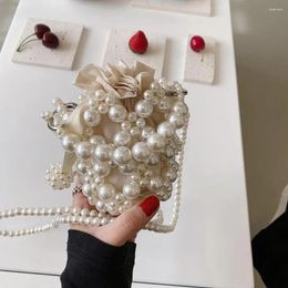 Evening Bags Hand-Beaded Pearls Shoulder Bag For Women Mini Bucket Drawstring Lady Pearl Chain Messenger Handbag