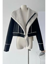 Winter Women Vintage Old Money Lambs Wool Coat Design Luxury Full Zip Cropped Jacket Outwear Maillard Aesthetic Dark Academia 231221