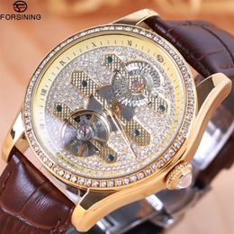 Forsining Fashion Diamond Tourbillion Display Brown Genuine Leather Water Resist Men Watch Top Automatic Wristwatches228K