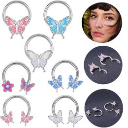 8PCS Stainless steel Oil dripping butterfly nose ring Glitter nose ring ear bone ring horseshoe ring women's piercing Jewellery