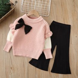 Baby Girls Winter Clothes Set Warm Outfits Kids Girls Flower Knit Sweater and Pants Autumn Girl Clothing Set Children Costume 231220