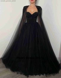 Two Piece Dress Dubai Black A-line Tulle Two Piece Prom Dress Set with Beaded Removable Cloak ning Dress Lace Up Formal Party Dress L231221