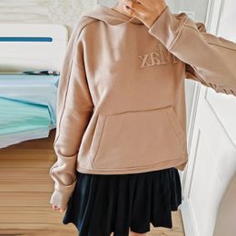 Embroidered letter logo hooded pullover plush hoodie for women's autumn and winter mid length couple hoodie ins trendy jacket