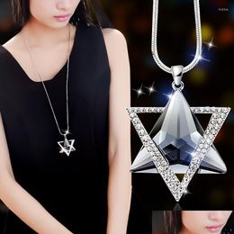 Pendant Necklaces Pendant Necklaces Double Triangle Grey Blue Crystal Necklace Women Office Lady Sweater Chain Jewellery Drop Delivery J Dhdal