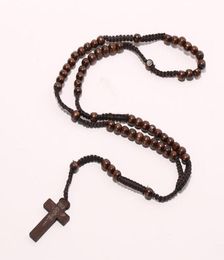 Whole Men Women Catholic Christ Wooden 8mm Rosary Bead Cross Pendant Woven Rope Necklace BlackbrownBeigeligt brown6277702