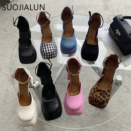 SUOJIALUN 2023 Spring Brand Women Sandal Shoes Fashion Round Toe Close Ankel Strap Mules Square High heel Dress Pumps 231220