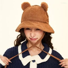 Berets 2023 Cute Playful Bear Wool Ears Corduroy Bucket Hat Female Warm Ins Short Brim Basin Thickened Ear Protector