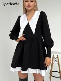 Casual Dresses Splice Long Puff Sleeved Lapel Mini Women High Waist Folds Elegant Short Vestidos Fall Girls Party Club Evening Robes