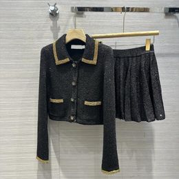 Two Piece Dress Celebrity Bling Sequins Rhinestone Beading Women Knitted Skirt Set Pockets Turn Down Collar Cardigan Pleated Mini 1109