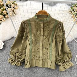 Women's Blouses 2023 Spring Autumn Age Reducing Sweet Long Sleeved Standing Neck Lace Patched Shirt Casual Foreign Style Short Top