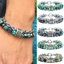 Beaded Mens Jewellery Charm Stainless Steel Bracelet for Men Malachite Black Obsidian Tiger Eye Stone Beaded Hip Hop Jewelry PulserasL231221