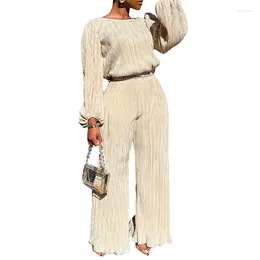 Women's Two Piece Pants Textured 2 Pieces Solid Long Sleeve Pullover Tops Wide Leg Sets Casual Streetwear Outfits Fall Spring