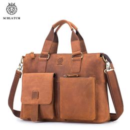 SCHLATUM Vintage Crazy Horse Cowhide Briefcase Men Leather High Grade Handbag Simple Document Package Casual Office Computer Bag 231220