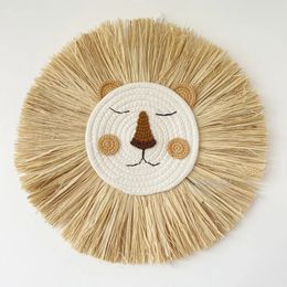 INS Nordic Handmade Lion Wall Decor Cotton Thread Straw Woven Animal Head Wall Hanging Ornament for Nursery Baby Room Decoration 231221