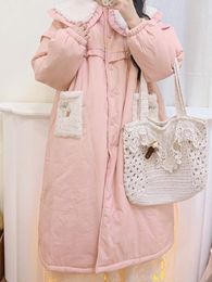 Women's Trench Coats Mori Girl Pink Cute Doll Collar Loose Thick Winter Cotton-Padded Jacket Coat