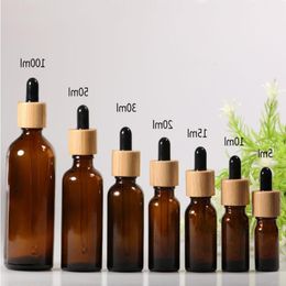 Amber Empty Glass Bottles For Essential Oil E Liquid Refillable Container With Bamboo Cap And Glass Pipette Hjjdm