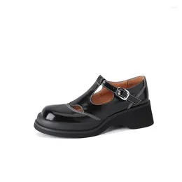 Dress Shoes 2023 Women Pumps Natural Leather 22-25cm Cowhide Pigskin Full Round Toe Hollow Out T-shaped Buckle Mary Jane