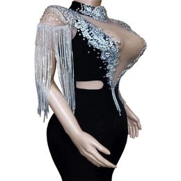 H158 Jumpsuit Drilling Chain Diamond Dancer Tassels See-Through Pearl Gem QERFORMANCE Costume Sexy Party Tight Catwalk Model Show 2568