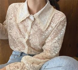 Embroidery Lace Flower Blouse Ruffles Flare Sleeve Shirt Top Women Vintage Design Fancy Chemise Femme Renda Blusa Mujer Camisa1731495