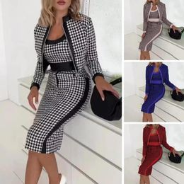 Work Dresses Women Commute Suit Vest Coat Skirt Elegant Women's Herringbone Print Slim Fit High Waist Knee