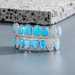 14K CZ Vampire Teeth Grillz Iced Out Micro Pave Cubic Zircon BLUE Opal 8 Tooth Hip Hop Grill Top Bottom Mouth Grills Set with Sili296E