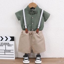 Clothing Sets Summer Baby Boy Clothes 2024 Solid Color Short Sleeve Shirts And Overalls Two Piece Birthday Outfit Set Kids Bebes Jogging