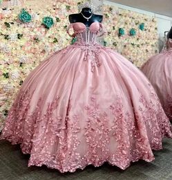 Quinceanera Dresses Pink Prom Party Ball Gown Off-Shoulder 3D Floral Appliques Tulle Flowers Beaded New Custom Plus Size Lace Up Zipper Sweet 16 Dress Vestidos De 15