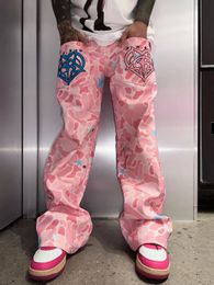 Design Sense Heavy Craftsmanship Pink Camouflage Embroidered Jeans Men Street Hip Hop Unisex Straight Wide Leg Pants 231220