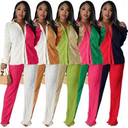 Women's Two Piece Pants Pant Sets Women Elegant Solid Splicing Long Sleeve Shirts Straight Trousers Ladies Outfits Loose Clothes Sporty