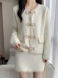 Winter Korean Fashion Knitted 2 Piece Set Elegant Women Imitation Mink Fleece Cardigan Jackets Coat A line Mini Skirt Suits 231220