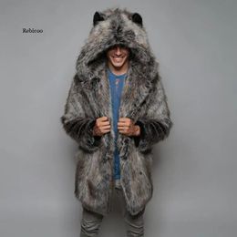 Winter Couple Men Faux Fur Coat Casual Women Hooded Jacket Bear Ear Warm Long Sleeve Overcoat 231220